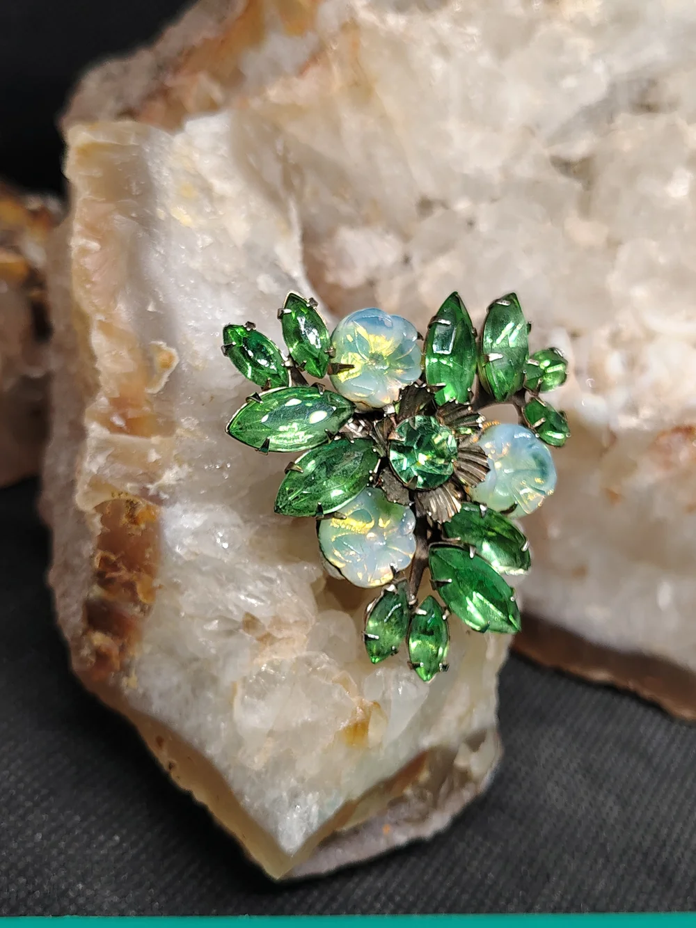 Vintage Floral Green and Opalescent Gold Tone Brooch